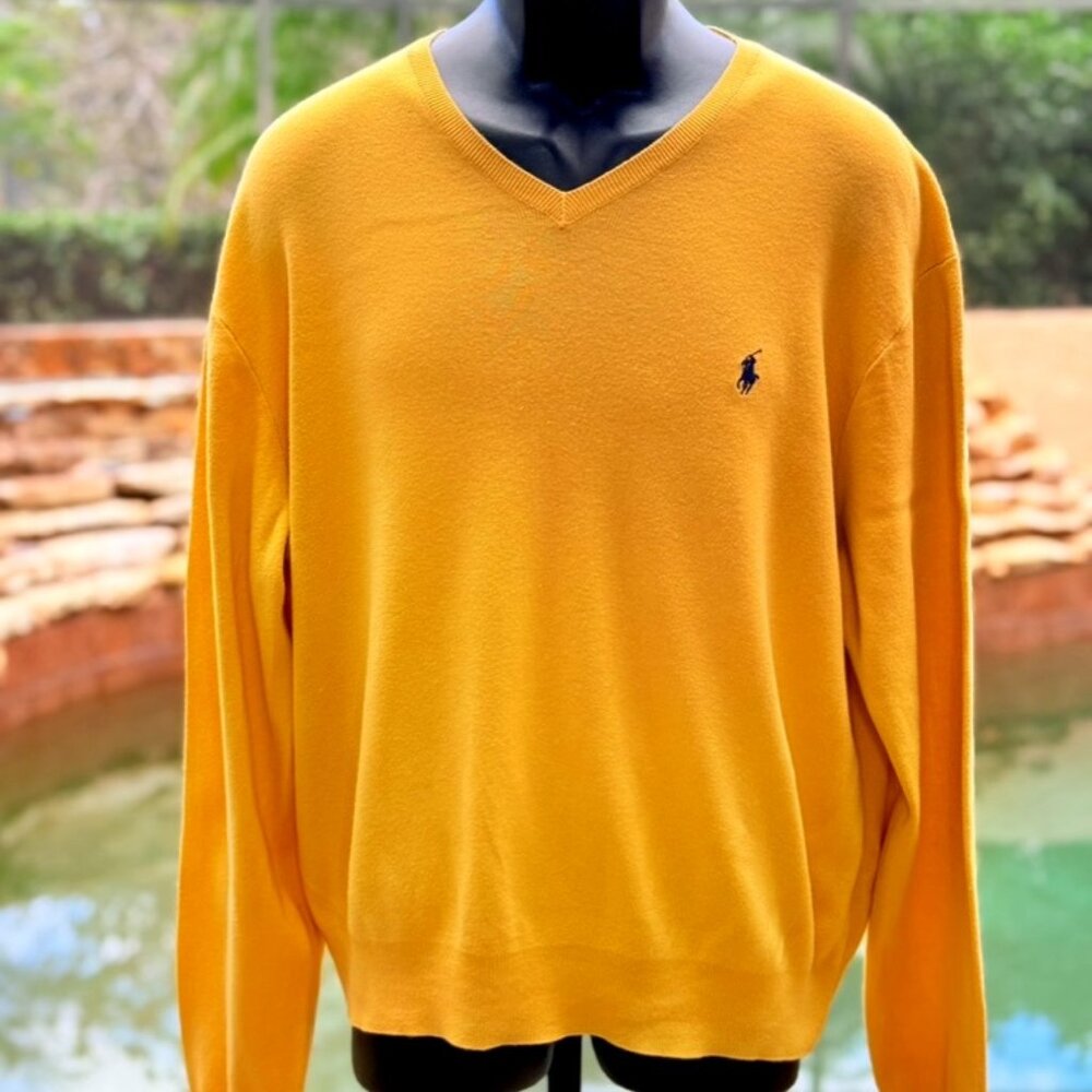 Polo Ralph Lauren Men’s V-Neck‎ Sweater - Yellow Pima Cotton, Size XL